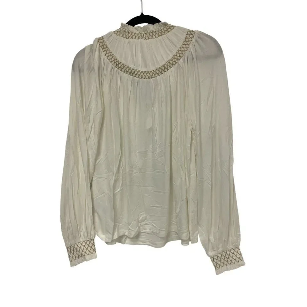 Boden Womens Shirt Top Ivory Gold UK 10 US 6 Smocked Yoke Metallic T1069 NWT